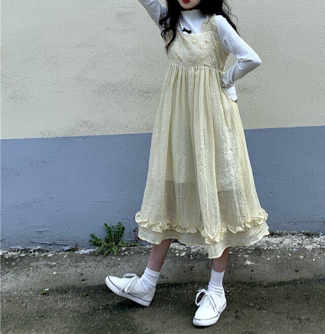 ワンピース ノースリーブ 春夏 かわいい ロング キャミワンピ ミモレ丈 ロング丈 スクエアネック 襟なし フレア ストレート Iライン 刺繍 シフォン フリル ウエストマーク ハイウエスト シースル