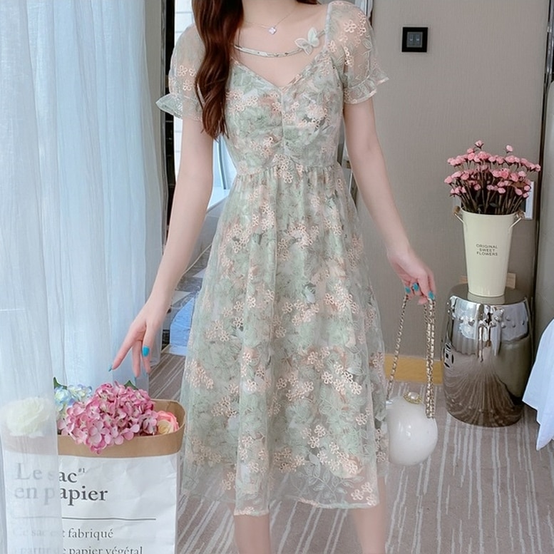 ワンピース ドレス レディース 総レースワンピース ロングワンピース 花柄 刺繍 袖あり
