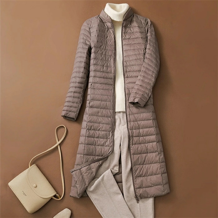 ダウンコート レディース インナーダウン ライトダウン コート 立ち襟 軽量 薄手 スリム 細見え インナー ダウンジャケット ロング丈 超ロング 防寒 保温 あたっか 秋 冬 ダブルジップ アウター