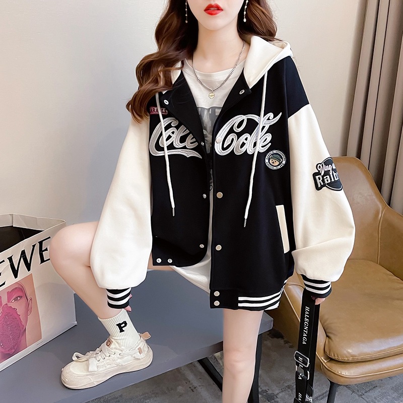 大きいサイズのレディース野球ユニフォームトレーナーレディース秋冬新作韓国風学生ベルベット厚みのあるフード付きカーディガンジャケットトップ