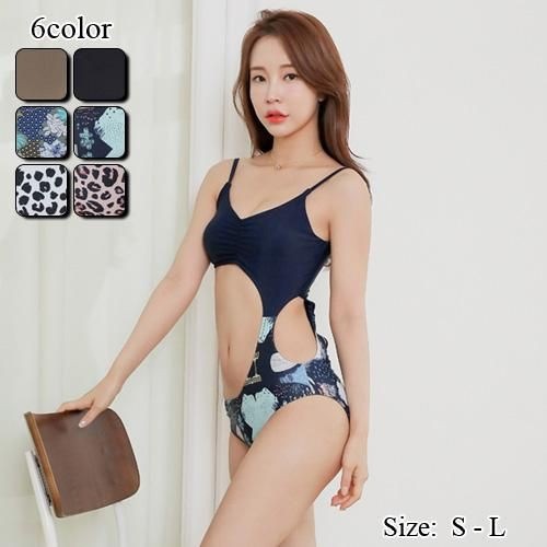 【グラシア】 水着 モノキニ レディース ビーチウェア スイムウェア 流行 海 プール カット くびれ シンプル モノキニ 大胆 カーキ ブラック カーキ×花柄 ネイビー×オーシャン柄 ブラック×豹柄