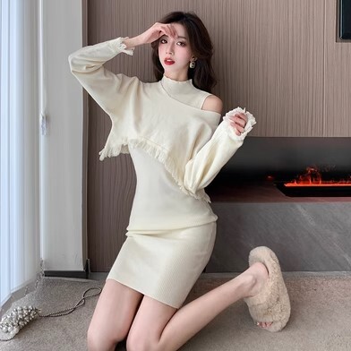 ワンショルダートップ ニットワンピ 2点セット トップス ワンピース 高級 ニッチ ひざ丈 ニット かわいい 大人可愛い きれいめ カジュアル 大人 上品 おしゃれ お洒落 かっこいい 大人女子