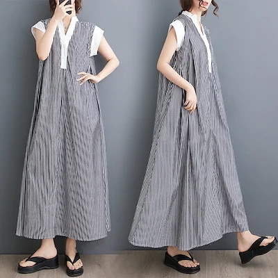 2025夏季フランス式Vネック減齢気質ストライプワンピースゆったり見えやせ怠惰な長スカート