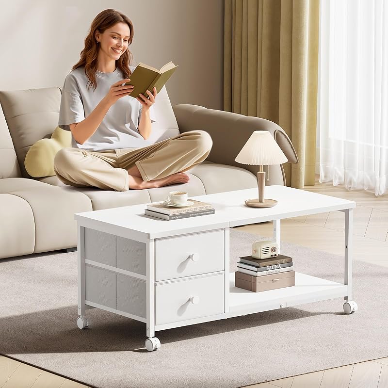 YeTom ローテーブル 一人暮らし センターテーブル キャスター付き リビングテーブル 収納付き 幅80*奥行40*高さ41cm ホワイト 8,005円