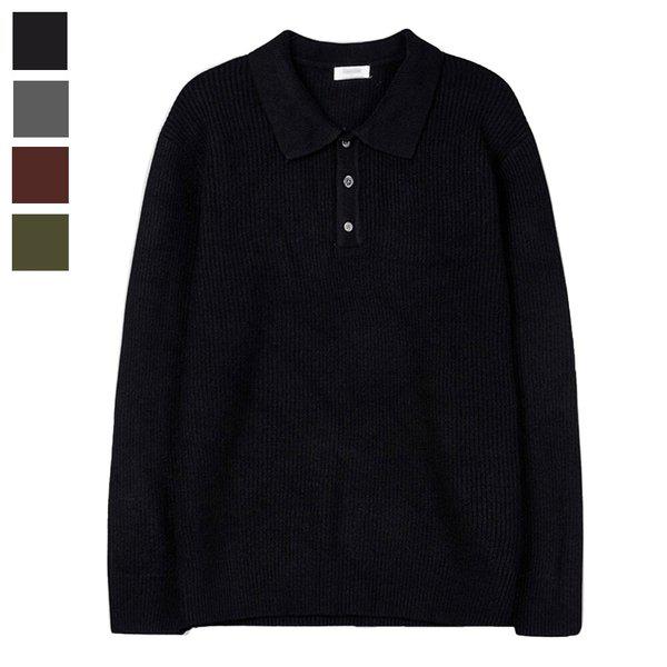メンズ季節の変わり目ハーフボタンカラーネック長袖ニットTシャツ GN-KN-Q017-ブラック