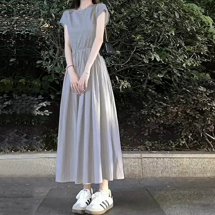 女の子ワン ワンピ ドレス 袖あり フレンチスリーブ レディース エレ きれいめ カジュアル 大人 可愛い 半袖 フェミニン Aライン ミモレ丈 シンプル 切り替え ハイウ 上品 ナチュラ2025新品