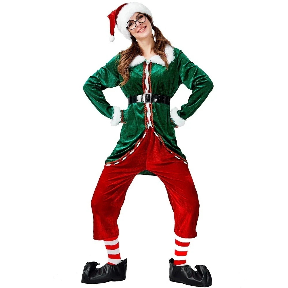 ピンセ新しいクリスマス服 2024 長袖 グリーンパーティー 大人 男性と女性のカップルクリスマスエルフドレス