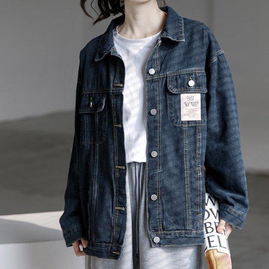 ジャケット デニムジャケット ブルゾン 大きいサイズ 体形カバー 春秋服 新作 レディース カラバリ1色 ダークブルー 長袖 レトロ クラシカル デニム アウター トップス 無地 フロントボタン ルー