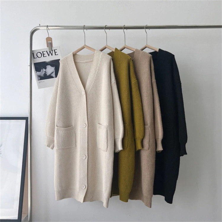 韓国ファッション ニットトップス カーディガン コート セーター レディース 中長 ゆったりする 怠惰な風 単体ボタン セーター 長袖