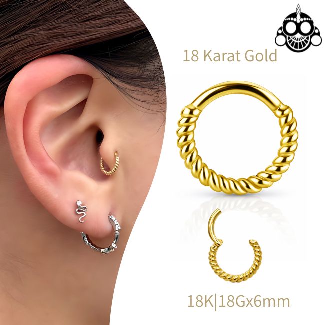 K18 18g 18金ゴールド 内径6mm ツイスト ワンタッチピアス 18K 金属アレルギー対応 セグメントリングピアス クリッカー リングピアス ロブ 軟骨ピアス トラガス ロック ボディピアス
