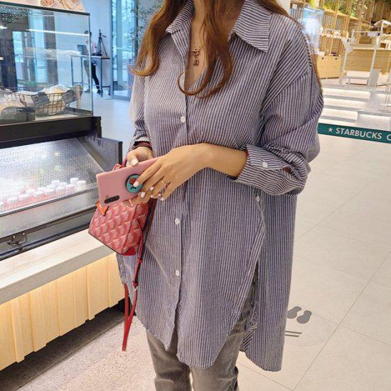 ロングシャツ シャツ ブラウス 襟付き ストライプ オーバーサイズ レディース 春 夏 きれいめ 長袖 薄手 前開き 大きいサイズ カジュアル ナチュラル ラフ おしゃれ 大人 かわいい OL オフィ