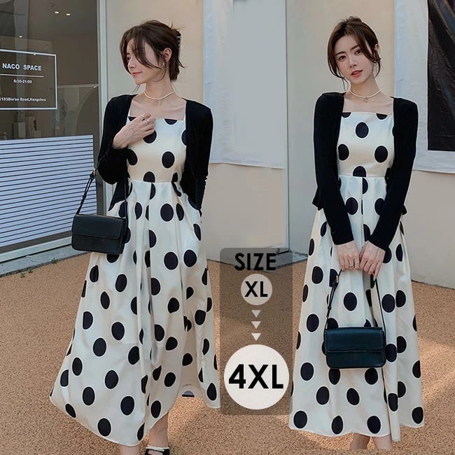 ワンピース 綿 水玉柄 スクエアネック ぽっちゃり 2点セット スリングドレス 体型カバー 涼しい エレガント 着やせL~4XL可愛い ミモレ丈 Aライン 韓国 大人の 夏ワンピ リゾートワンピ 旅行 海デート 白 黒 ワンピース 綿 水玉柄 スクエアネック ぽっちゃり 2点セット スリング
