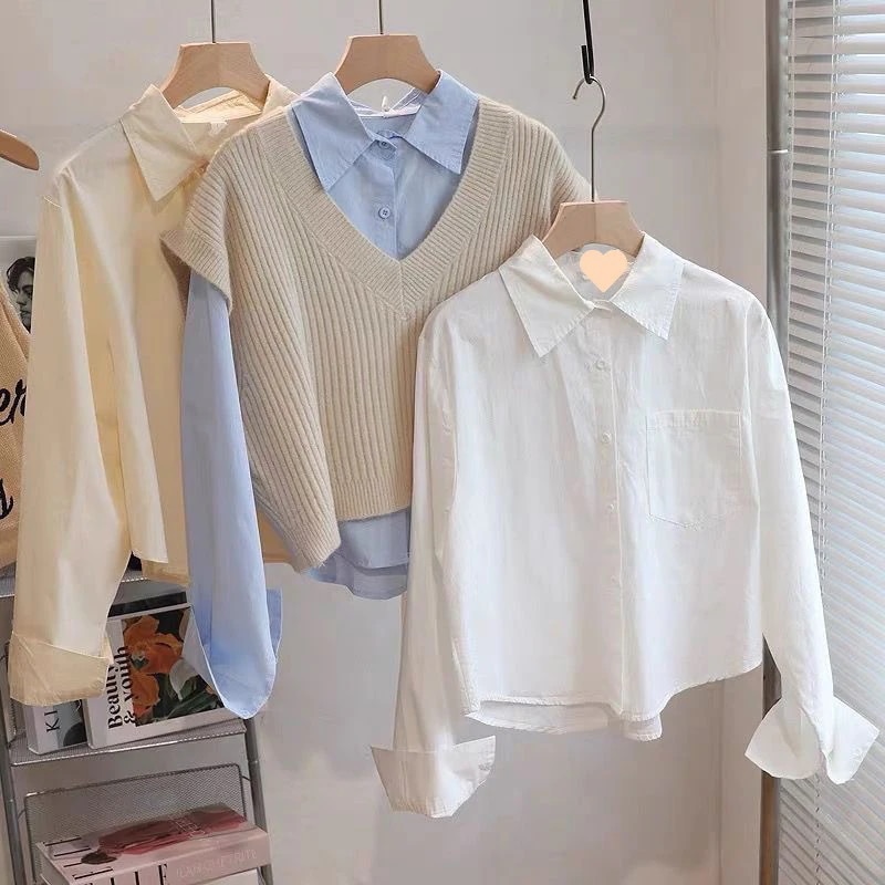【1つ買うと10つ無料】女性用の春の短いシャツ小さい学生のシャツを着て学生向けの長袖のストレンディ