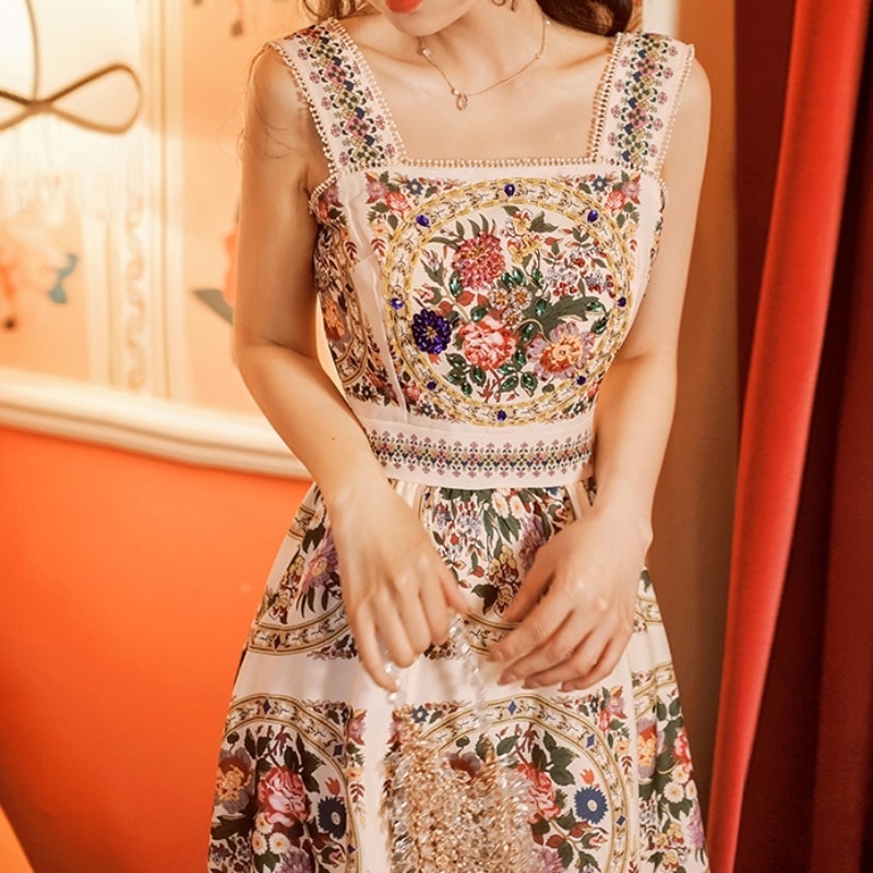 ノースリーブワンピース 花柄 エスニック柄 ワンピース ドレス スパンコール ビーズ ラインストーン フリル キャミソール Aライン ロング ワンピース 大人可愛い 結婚式 二次会 お呼ばれ