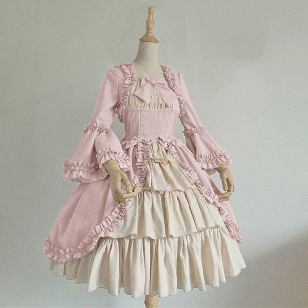 中世の宮殿ドレスレトロドレスゴシックスクエアネックウエストステッチリボンバンケットドレス