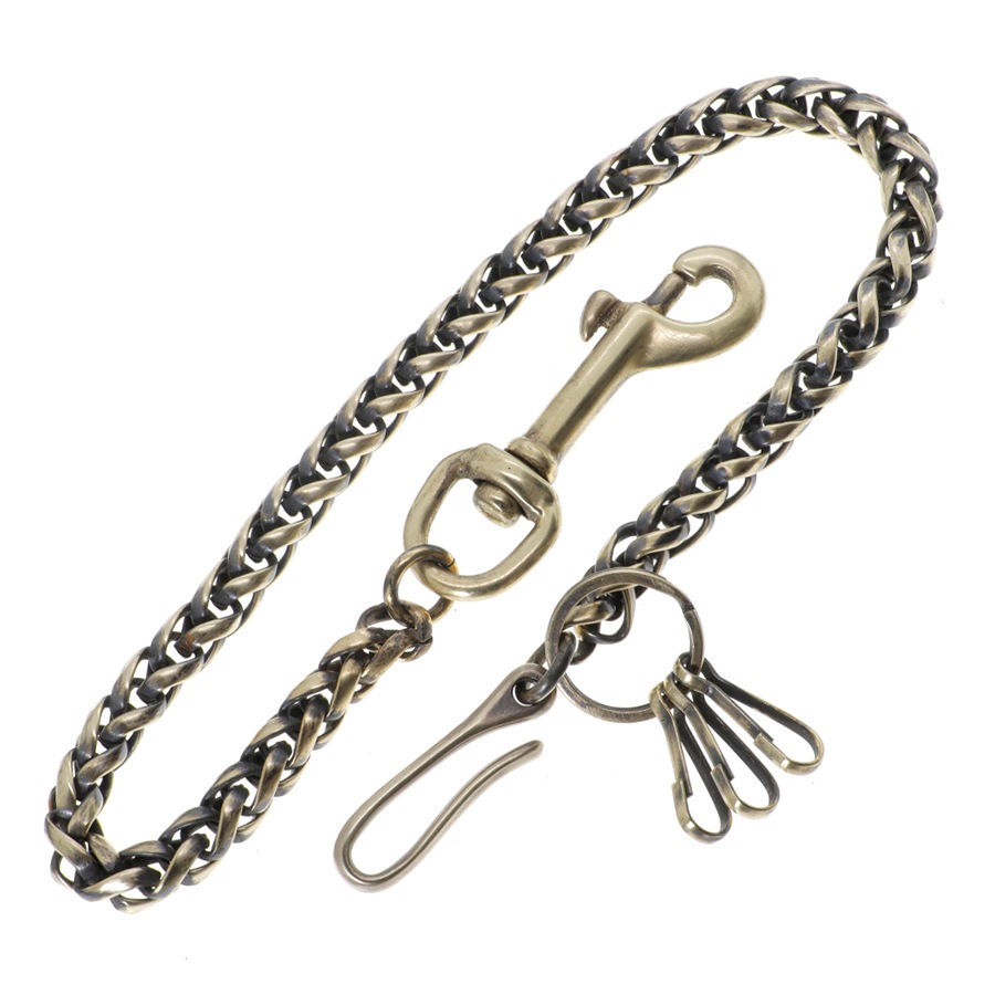 真鍮 ブラス ウォレットチェーン 編み込み オリジナル 燻し加工 キーホルダー 付き キーリング (フック)