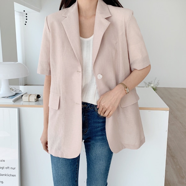 送料0円!韓国ファッションゆったりとしたフィットテーラードシングル半袖ジャケット(outer1219)