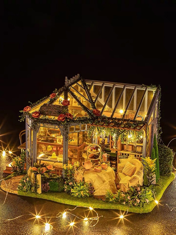 Diy 小屋作りローズガーデンティーハウスハウスヴィラミニチュアシーン組み立てモデルおもちゃギフト