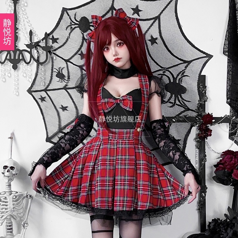 ヨーロッパとアメリカのダークゴシックサブカルチャーハロウィンホットティー赤と黒のパンクスカートY2Kチェック柄ロックガールグループパフォーマンスコスチューム