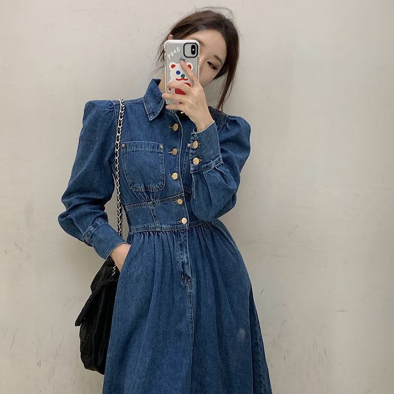 ワンピース ミモレ丈 デニム デニムワンピース 韓国 レディース オルチャン ミモレ 袖あり 長袖 ボリューム袖 パフスリーブ 襟付き フレア セミフレア Aライン ウエストマーク