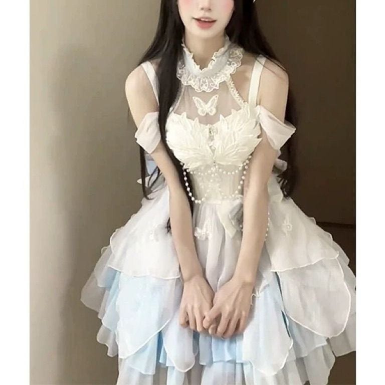 青と白のプリンセススタイルの小さなドレスロリータスカート薄いフラッシュロリータ大人ギフトふくらんでいるスカート女性ワンピースドレスドレス