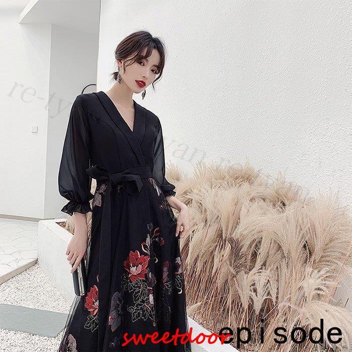 お呼ばれドレス パーティードレス イブニングドレス ロングドレス 20代30代40代袖あり大きいサイズお呼ばれ 着痩せ 花嫁 発表会 卒業会 二次会 フォーマル 花柄