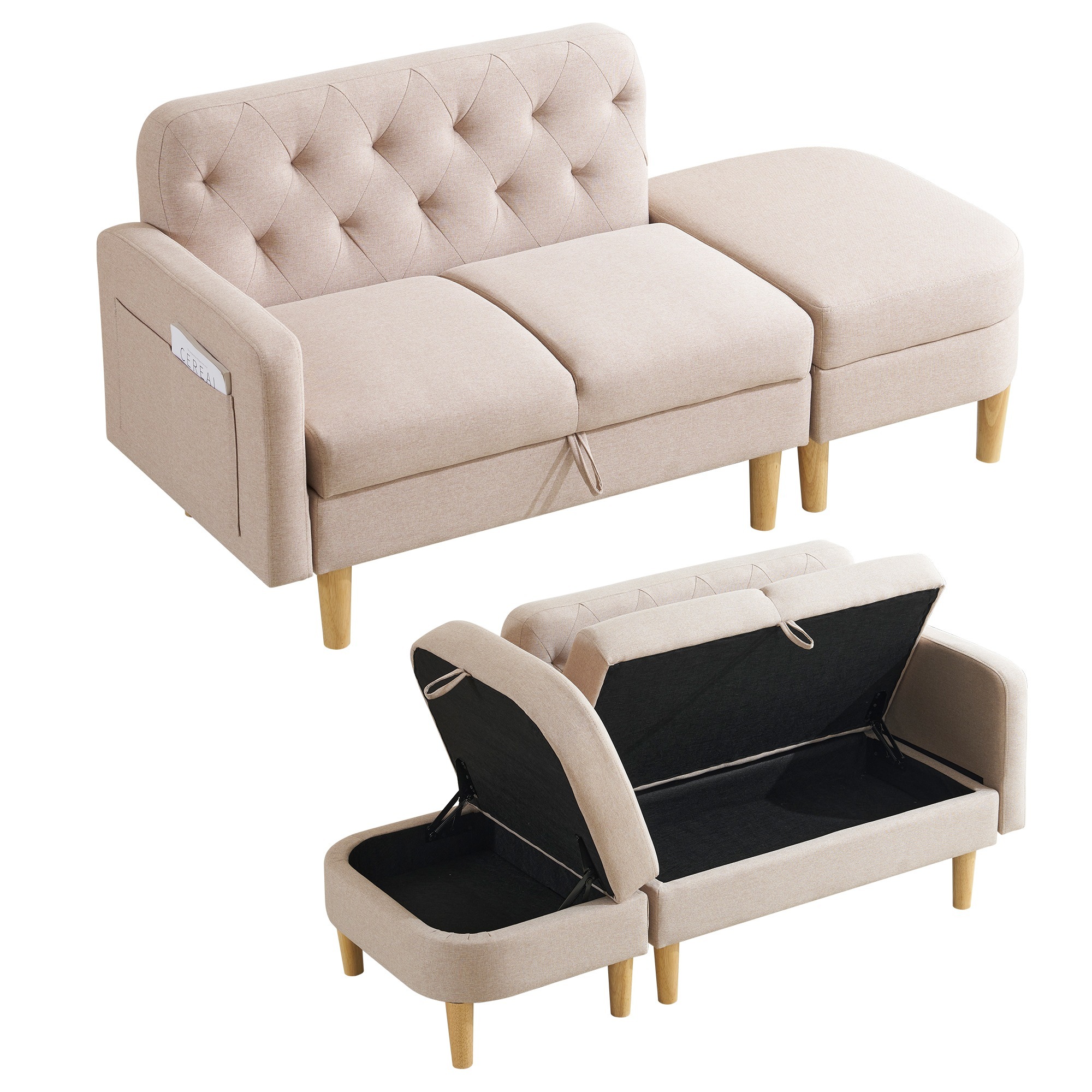 【国内出荷 - 3日配達】ソファ 2-3人掛け カウチソファ 収納機能 左右に使える片肘 オットマン レイアウト ローソファ コーナーソファー l字ソファー-105