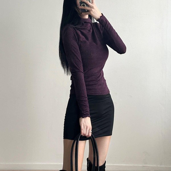 ダイエットアイテム 女子 ウェーブ リブ インナー タートルネック 秋冬 長袖Tシャツ