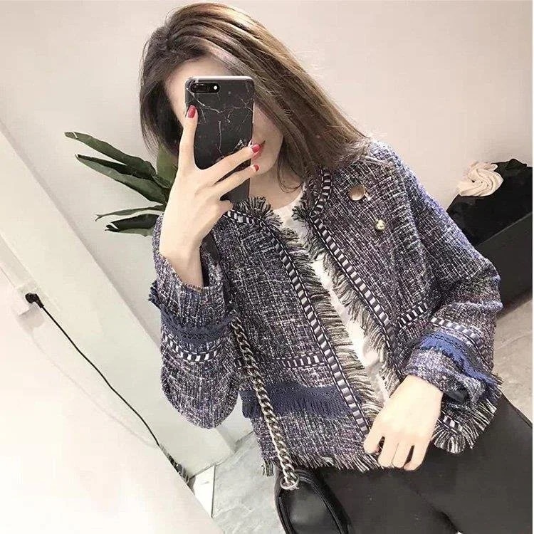 ツイードジャケットレディース秋作ノーカラージャケットショート丈フリンジツイードブレザー40アウター韓国風オシャレ入学式大人通勤30