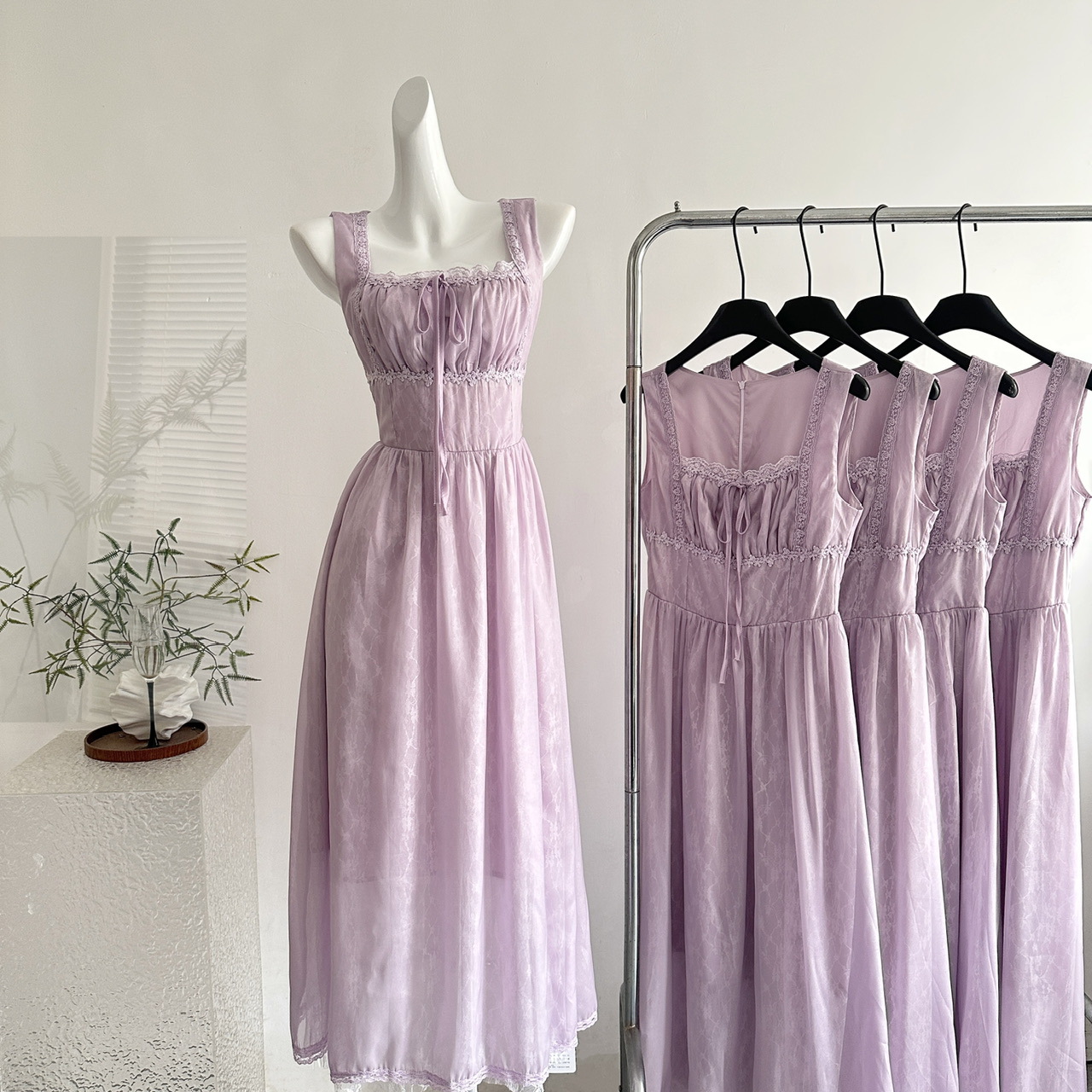 【急速出荷】紫の長方形襟をウエストに収めたA字キャミソールワンピース女性フレンチレトロ千金風スカート