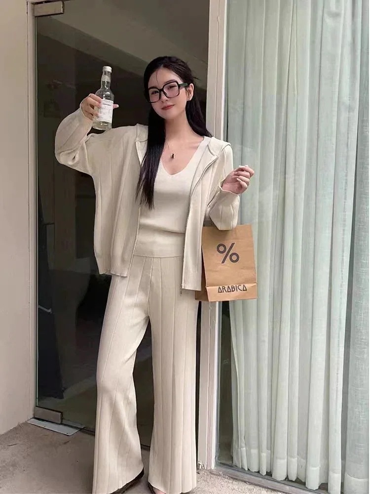 2025作シンプル三点セットセットアップニットワイドパンツインナーセット着痩せ気質セットアップ大きめサイズ