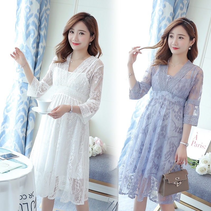 【送料無料】マタニティ 総レース シースルー パーティドレス ワンピース Vネック シースルー