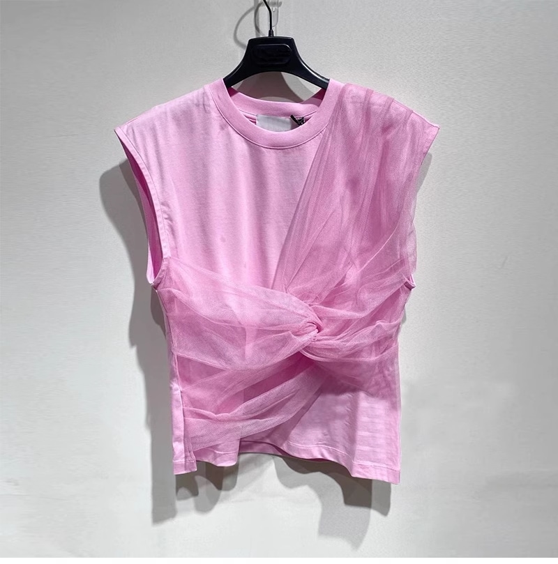 春 夏 ラウンドネック メッシュ ステッチ ベスト トップ コットン オールマッチ ノースリーブ Tシャツ 女性 個性的 トップス Tシャツ 袖なし ノースリーブ 襟なし かわいい 大人可愛い