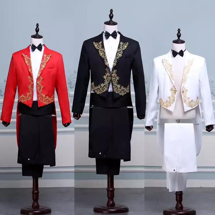 数量限定4点セット ジャケット＋ズボン＋蝶ネクタイ＋ベルト 燕尾服 刺繍 テールコート 魔術師 タキシード メンズスーツ マジシャン ゴシック 王子様 忘年会 成人式 タキシード ダンス 衣装 ジャズ