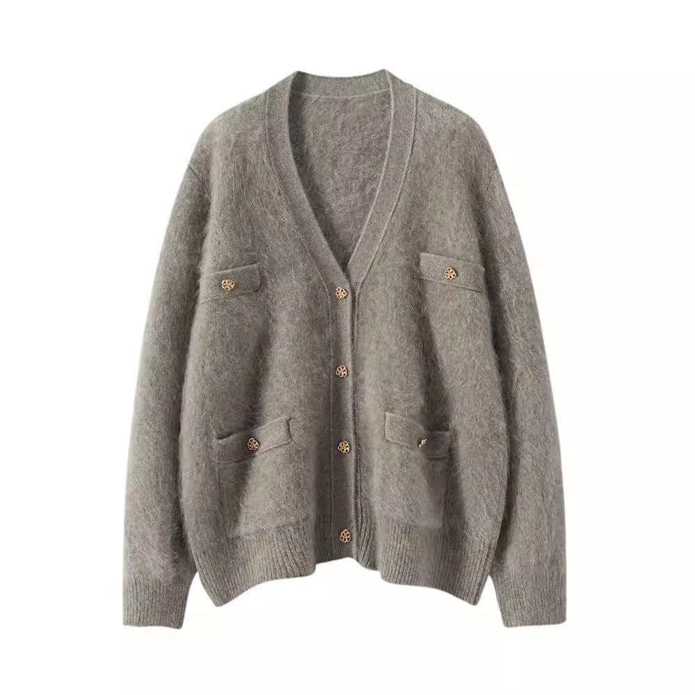 秋冬のベルベット100純カシミヤのカーディガンがゆったりしていて怠惰な風があります