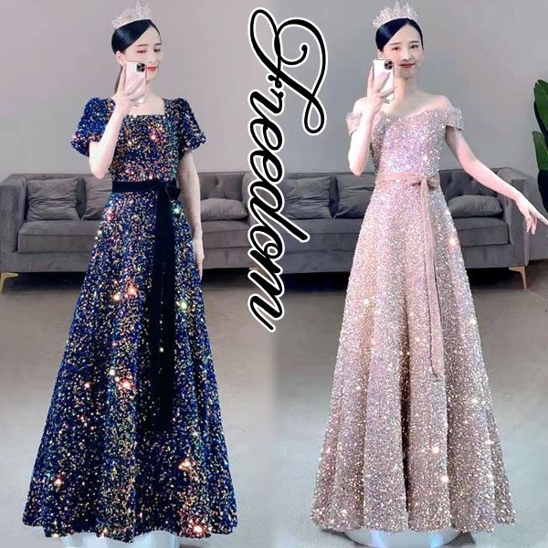 人気新作ドレス ロングドレス ゴージャスドレス ステージ パーティー 結婚式 披露宴 演奏会 発表会 司会 イベント 衣装 大きいサイズ インスタ 撮影 ボートネックorスクエアネックのキラキラスパ