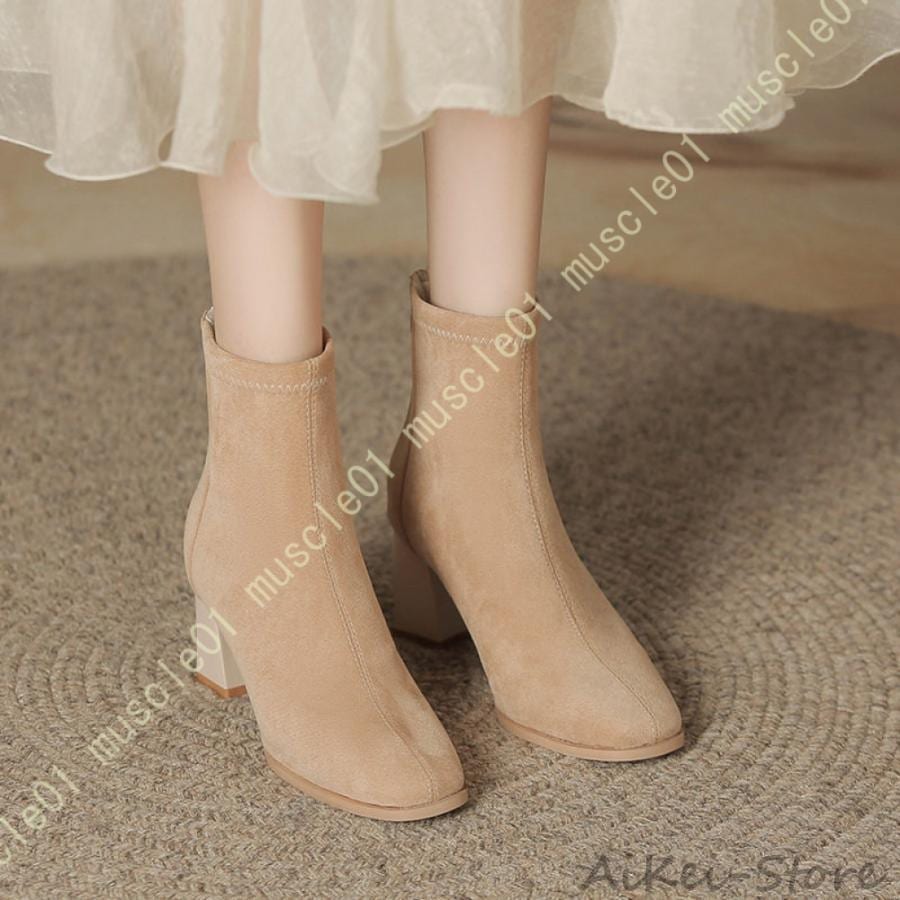 ブーツ ショートブーツ ストレッチ スクエアト 変形ヒール 柔らかい 着脱しやすい バックジップ センターシーム レディース 太ヒール 歩きやすい 撥水 女性 秋