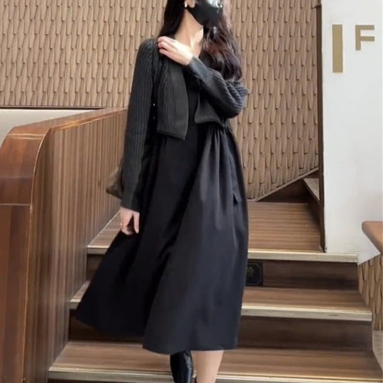 ワンピース フェイクドレス ニットベスト ボレロ タックギャザー レトロ ニットカーディガン ニット生地 Ａラインスカート フェアリー ハイウエスト ビッグフレア ミドルロング丈 ゆったり