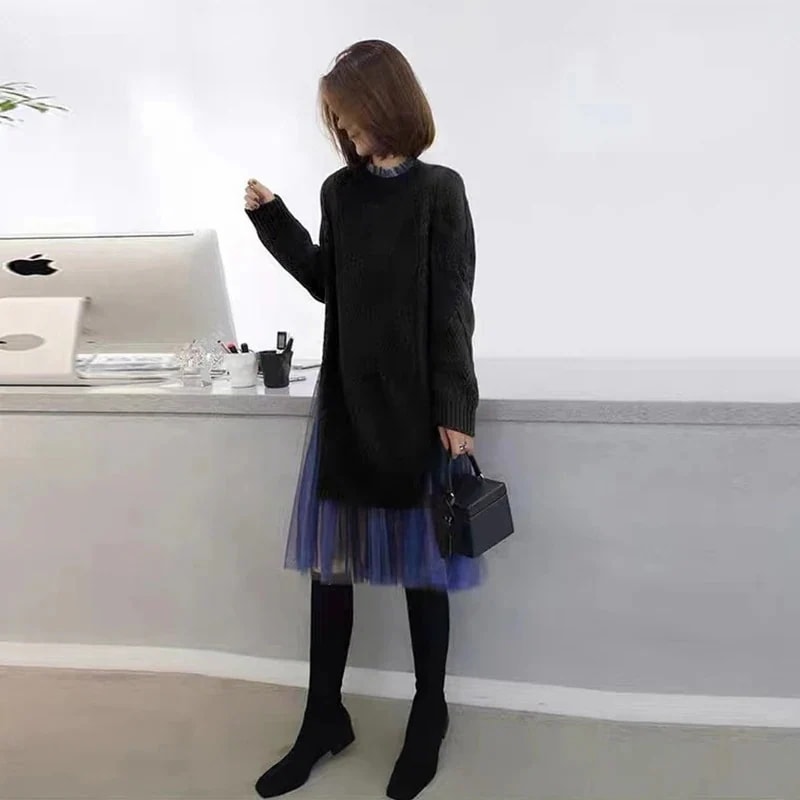 ワンピース ニット ベースレイヤー 春秋 ミドル丈 フェイクレイヤード 毛織スカート ドッキング メッシュ