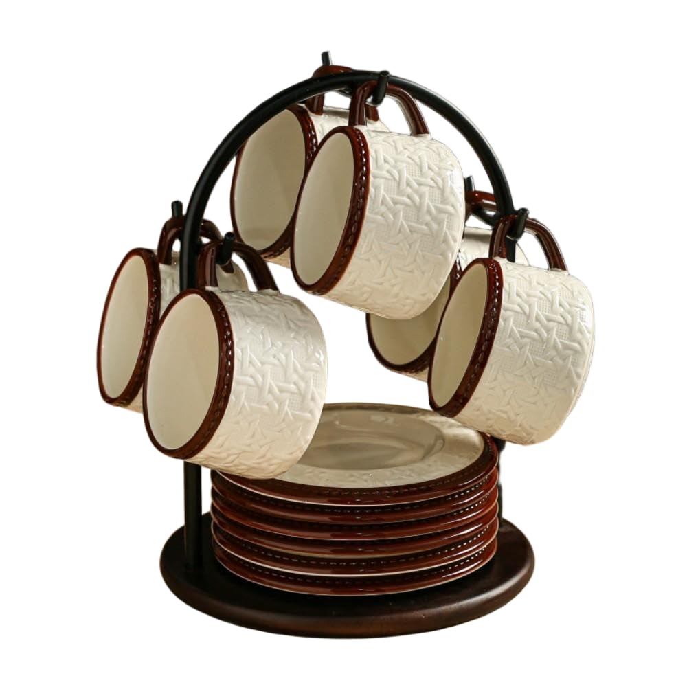 AOUGNティーポットセット 手作り陶器磁器 籐の質感 高温焼成滑り止めカップ底アイアン収納ラックコーヒーミルク紅茶ジュース誕生日家族の再会 (カップ6個ソーサー6個 + カ