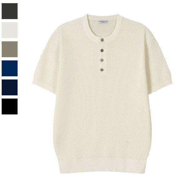 メンズ ベントン リブ リネン ヘンリーネック 半袖 ニット Tシャツ AS-KNH-Q030-アイボリー