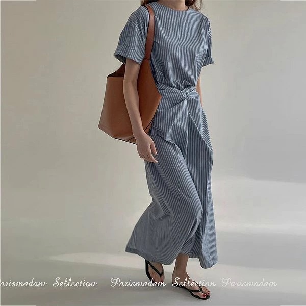 新品大人気 コットンロングワンピース ストライプ 大人ワンピース 半袖 後ろスリット 変形個性的ワンピース 女子会細く見える通勤通学20代30代40代50代60代