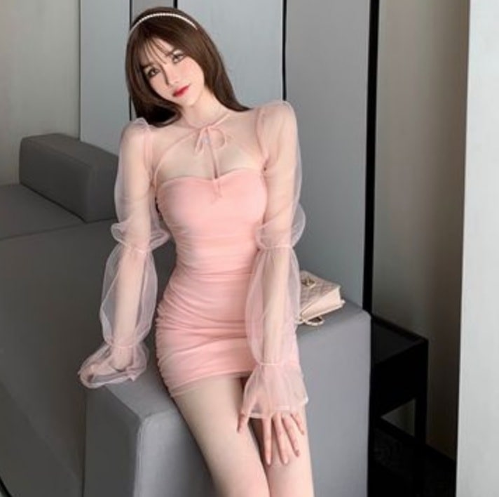 ワンピース ドレス 長袖 ハートネック タイト 細身 チュール シフォン かわいい 大人可愛い きれいめ シンプル キュート おしゃれ 春 夏 お出かけ イベント パーティ 韓国 L XL