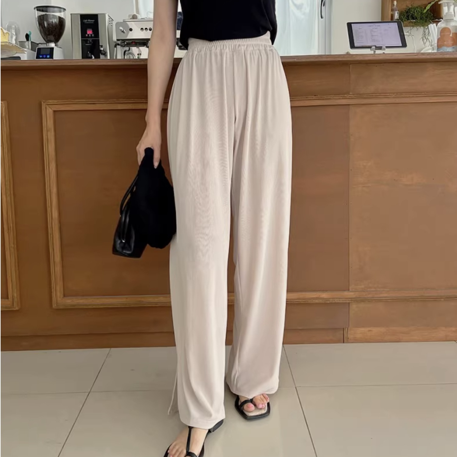 パンツ ボトムス ロングパンツ ワイドパンツ カジュアルパンツ フルレングス ワイド サイドスリット ウエストゴム リブニット 伸縮性 かわいい 大人可愛い シンプル カジュアル おしゃれ かっこいい