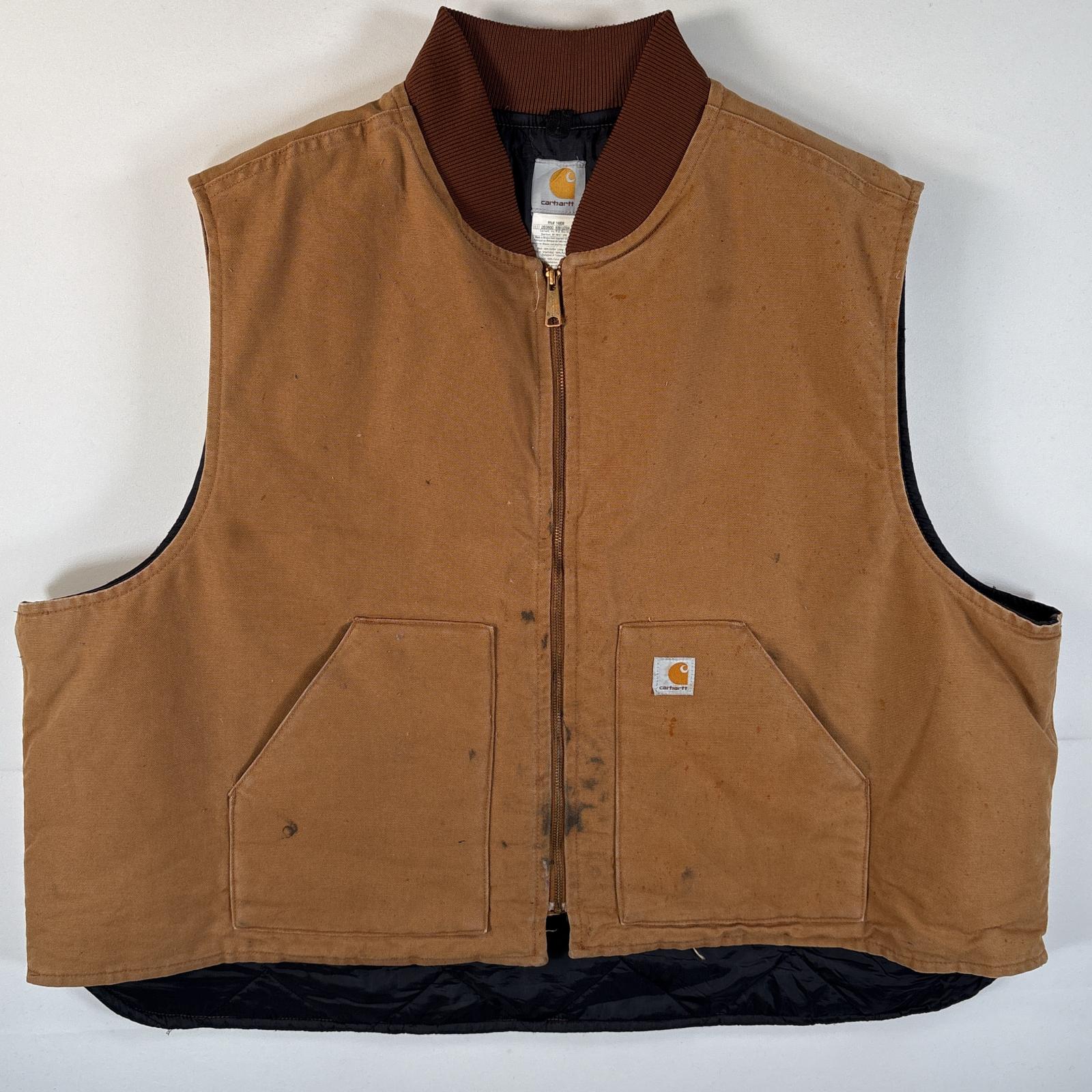 古着 ダック ベスト ワンポイントロゴ ワーク 大きいサイズ 中綿キルティング XXXXXL キャメル メンズ