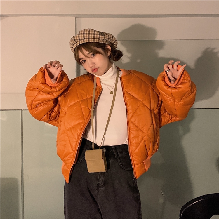 キルティングジャケット 魅せる アウター コート ジャケット ブラック 黒 オレンジ ショート丈