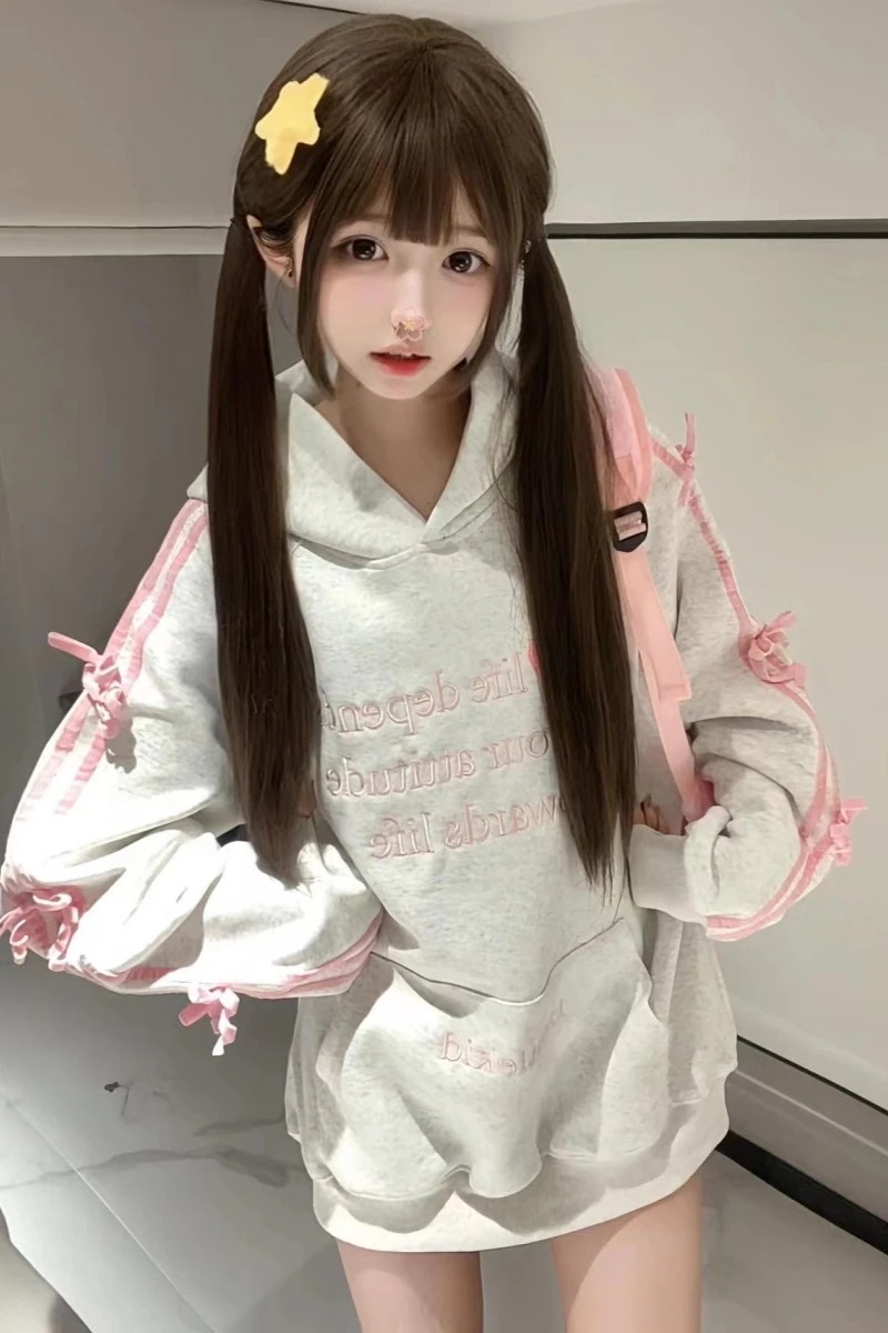 リボンのフードパーカー男女カップルのための甘クールフードコートブームパーカー アウター レディース 韓国 レディース マウンテンパーカー ジップパーカーパーカー