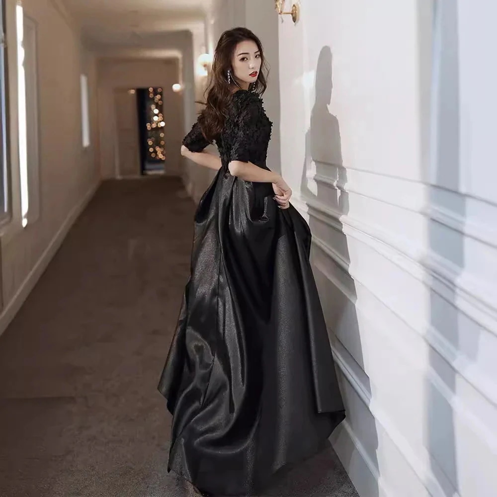 黒のイブニングドレス女性バンケット気質指揮者ボーカルホストパフォーマンス衣装