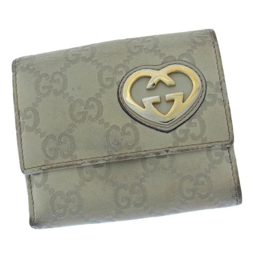 Wホック財布 二つ折り グッチシマ インターロッキングGハート ベージュ ゴールド 中古