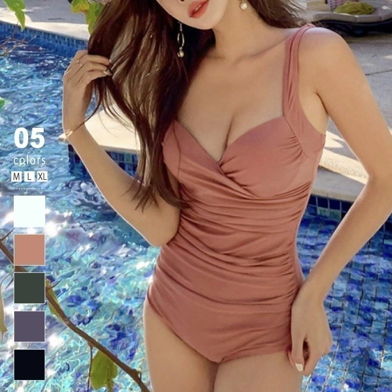 【即納】水着レディースワンピース体型カバーオールインワンモノキニセクシーレディース水着ワンピース水着ギャザー大きい大きいサイズ韓国風パッド付きオトナ女子リゾート可愛い夏韓国10代20代30代40代50